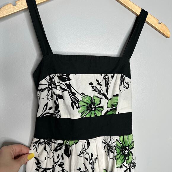 Ruby Rox Women's Y2K Black, White + Green Floral Print Tie Back‎ Flare Dress 3 - Picture 2 of 9